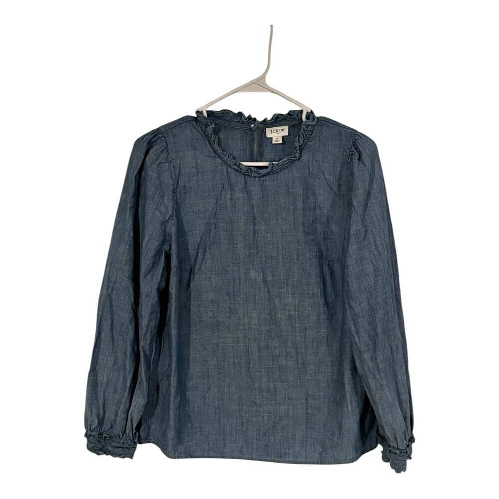 J Crew Shirt Women’s S Blue Chambray Ruffle Neck Long Sleeve Button Top Peasant
